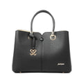Elegant black waterproof PU leather designer handbag with gold charm, dual top handles, and spacious structured shape.