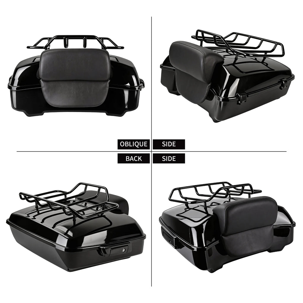 Glossy black motorcycle tour pack trunk with passenger backrest and luggage rack for Harley Touring models 2014-2025.