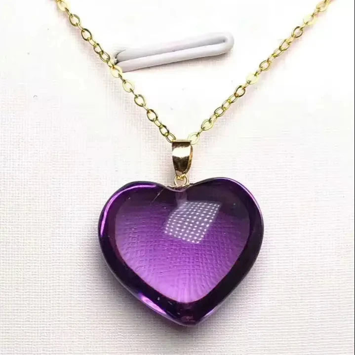 Natural Purple Amethyst Quartz Brazil Faceted Heart Love Trendy 18K Gold 18x18mm Healing Stone Necklace AAAAAA