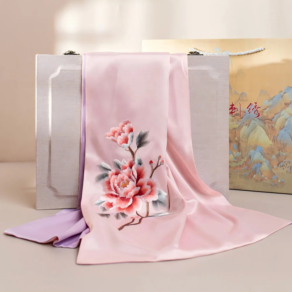 Handmade Su Embroidery Scarf & Stylish Brooch Box Set