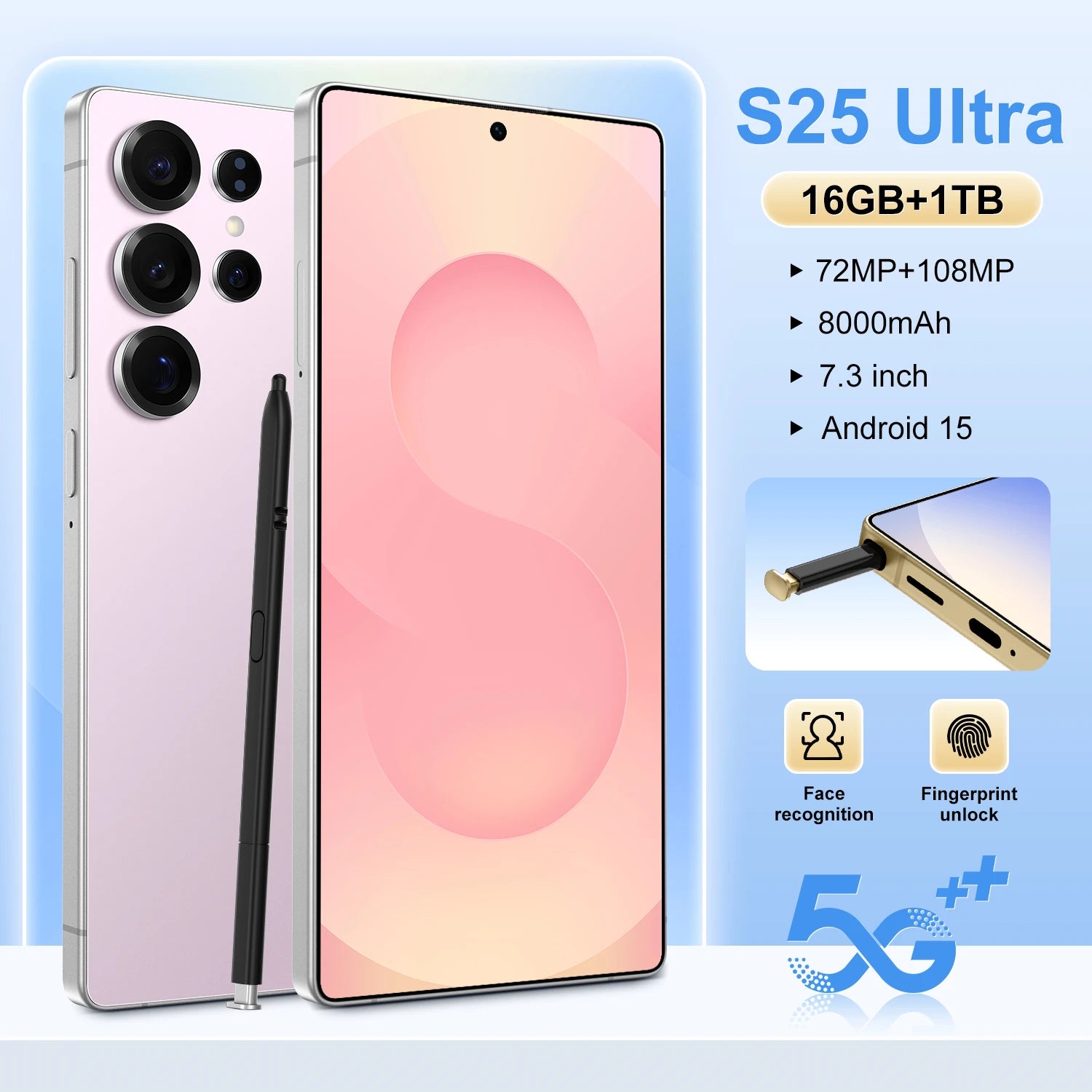 Ultra 5G S25 smartphone with 7.3 inch HD display 108MP camera and long lasting 8800mAh battery view 8