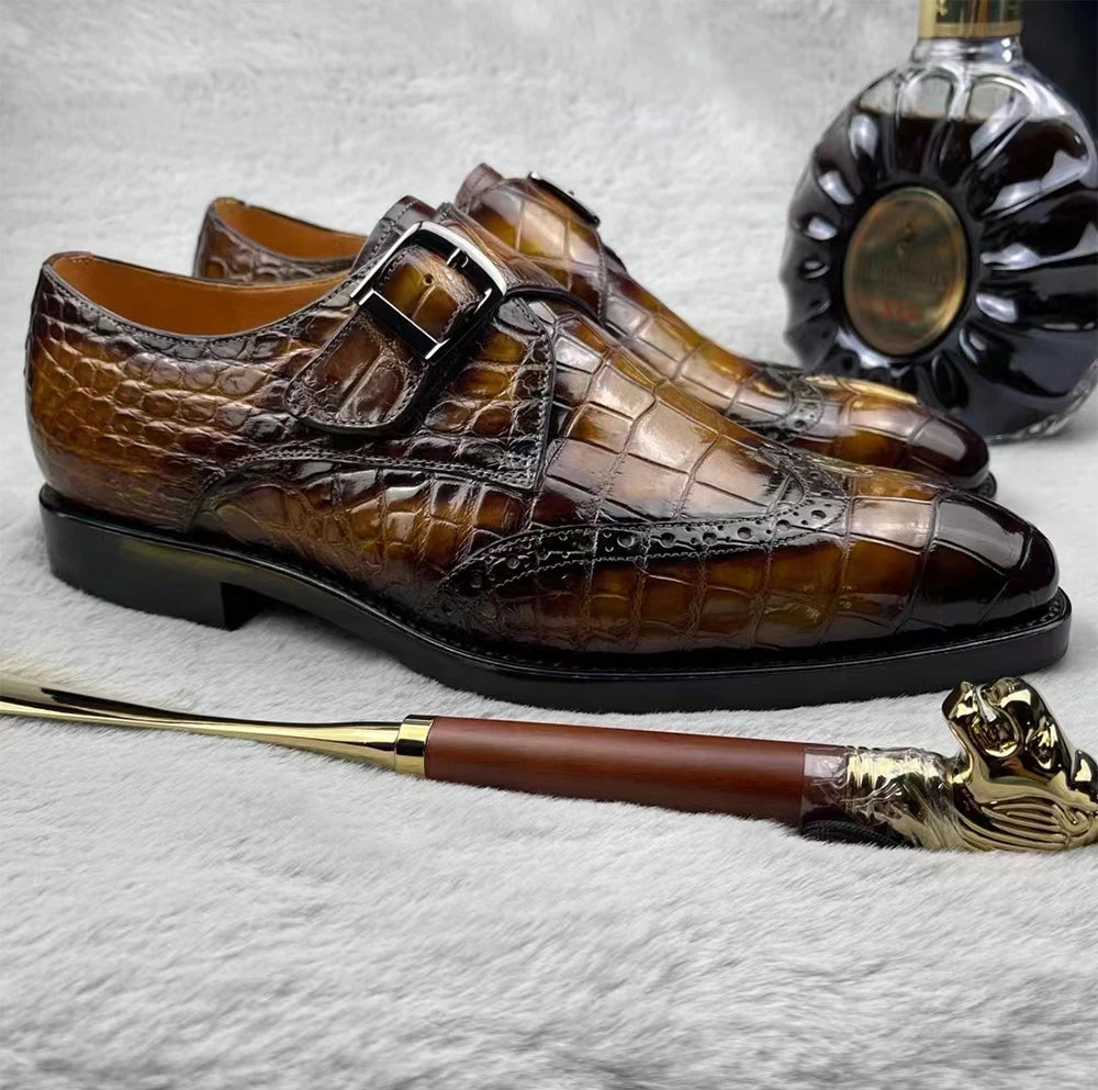 Latest Handmade Formal Shoes for Men Custom Logo Crocodile Leather Office Shoes Monk Strap Luxury Party Wear Dress Shoes Men
