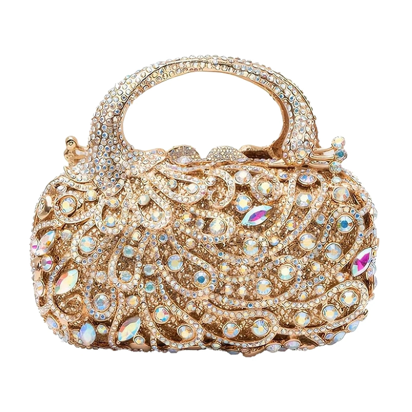 Gold peacock-shaped evening clutch with iridescent crystals and rhinestone embellishments for formal designer handbags.