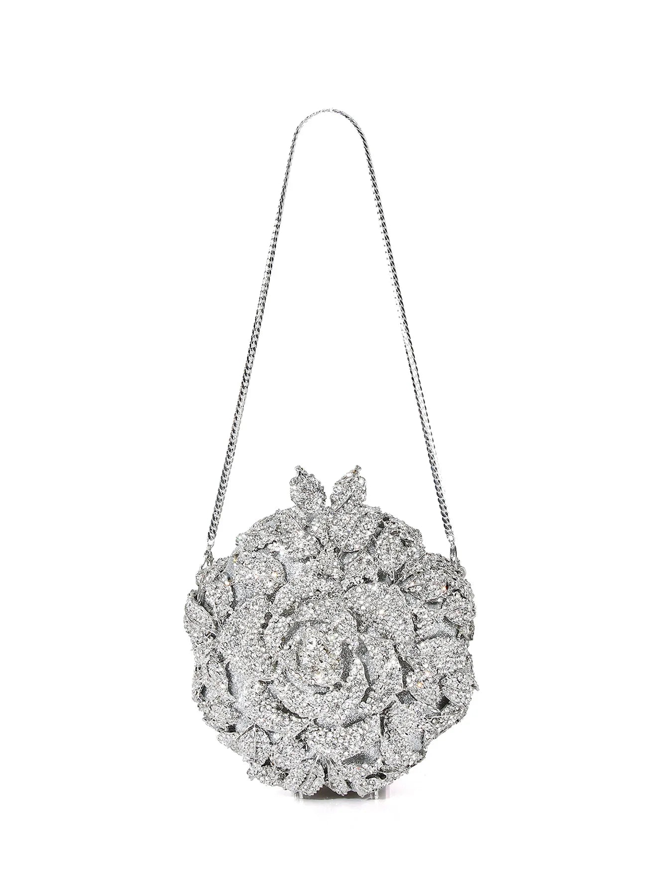 Silver crystal-embellished flower clutch bag with shoulder chain for wedding and evening events. Designer handbag.