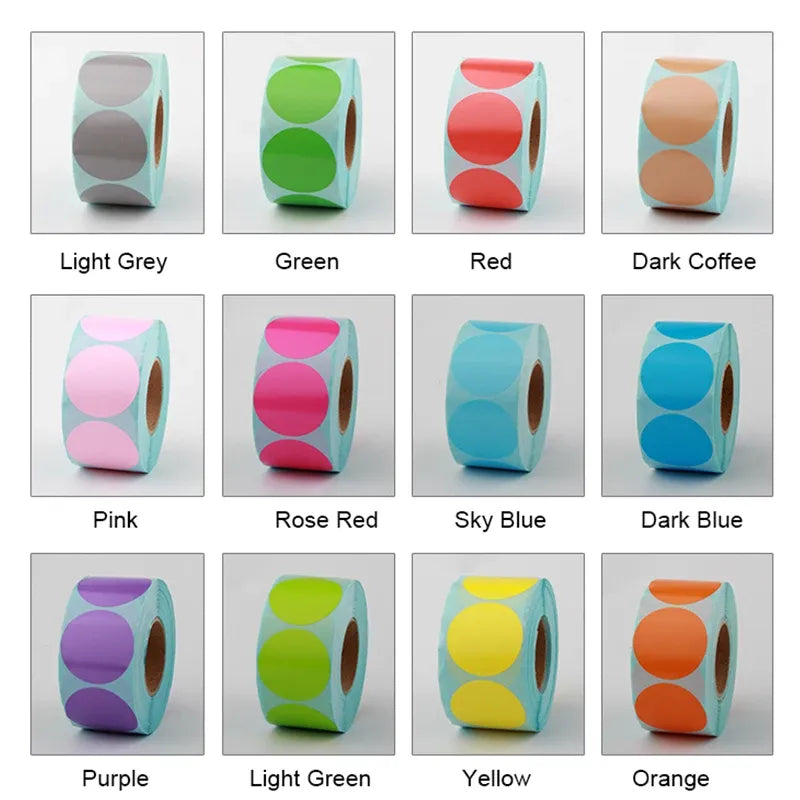 Assorted adhesive label rolls in multiple colors, featuring circular dot design
