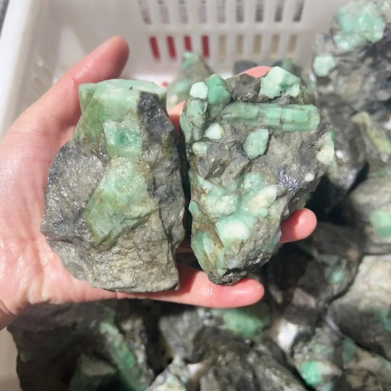Rough green crystal quartz cluster, mint-green crystal with dark gray matrix