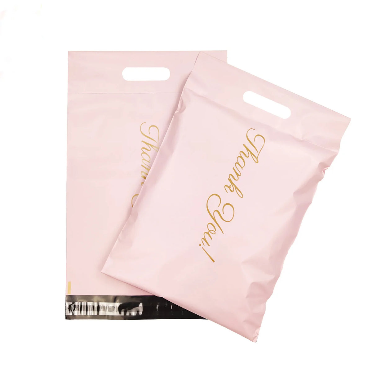 Light pink poly mailer bags with top handles and gold script lettering