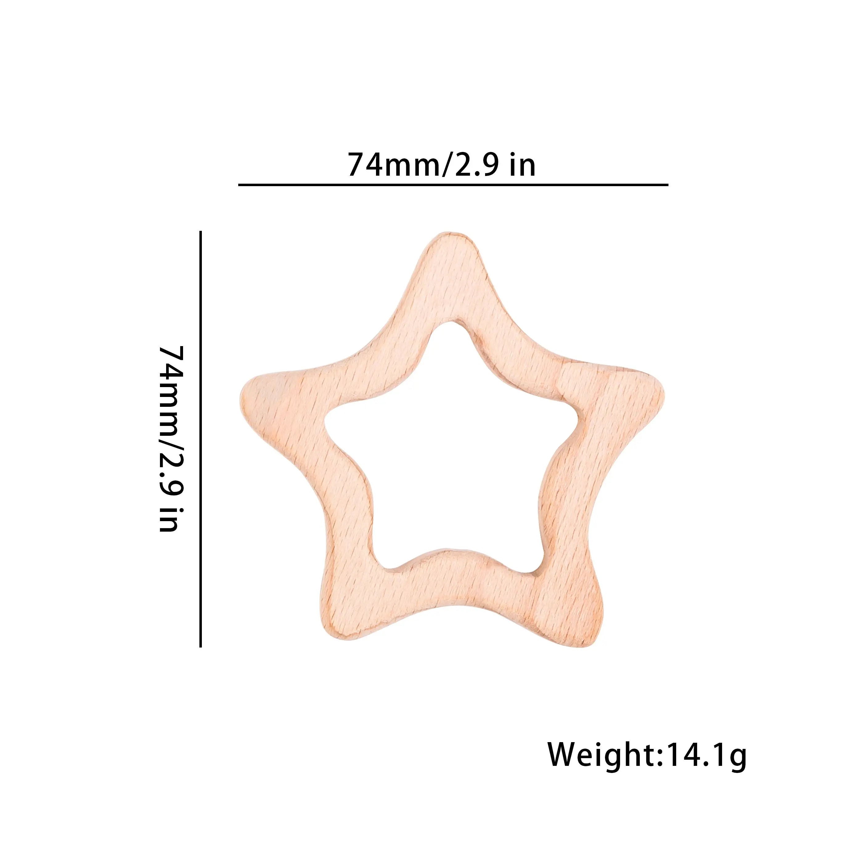 Natural wood star-shaped baby teething toy for soothing sore gums.