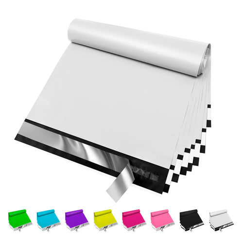 Waterproof self-sealing shipping bag, white poly with black privacy strip and seal