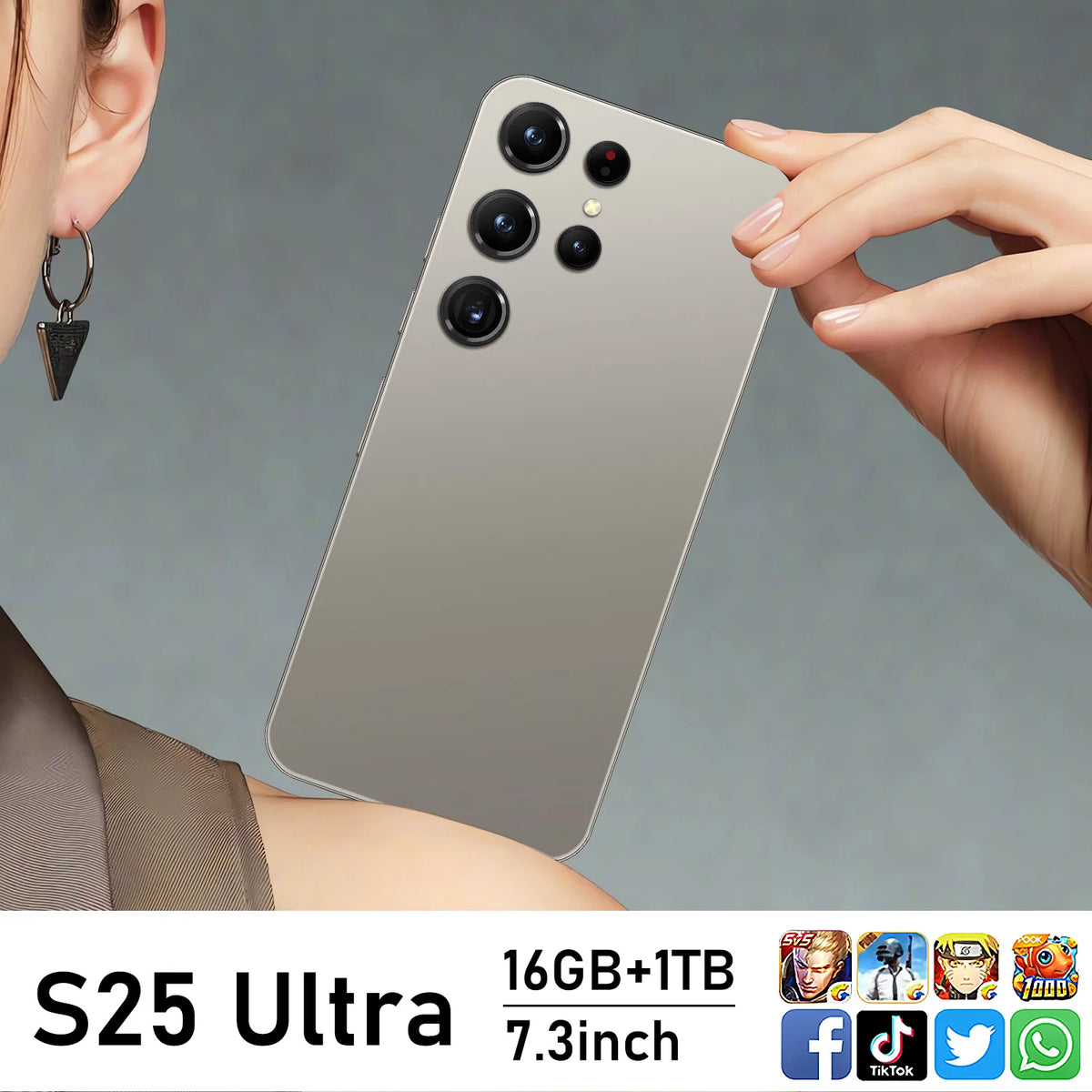 Android smartphone with gray back and quad rear cameras, held up for display.