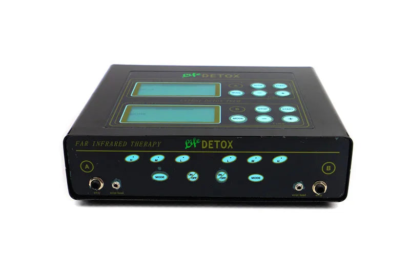 Dual ionic detox foot spa machine with LCD displays and far infrared therapy control panel for home wellness.