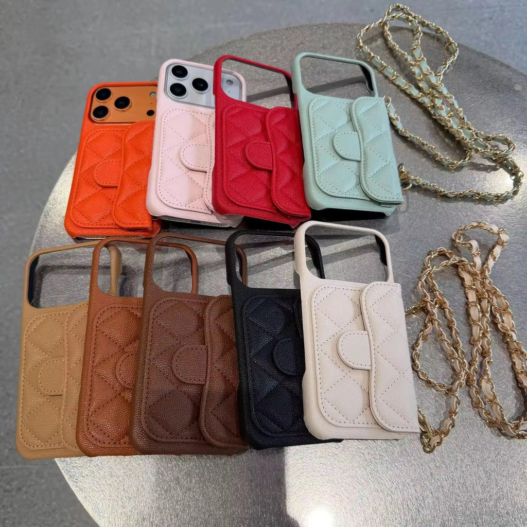 High End Embossed PU Leather Solid Color Crossbody Chain Wallet Card Anti-drop Cover Mobile Phone Cases for 15 Pro