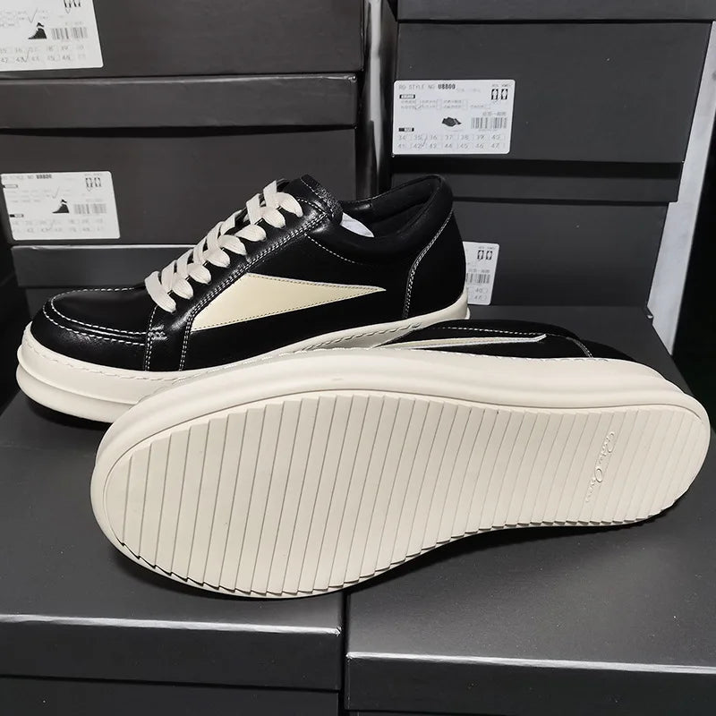 Men's Black Leather Lace-up Sneaker Casual Flat Shoe Genuine Leather Lining Lightweight Cushioned Monk Strap Style Luxury Shoes