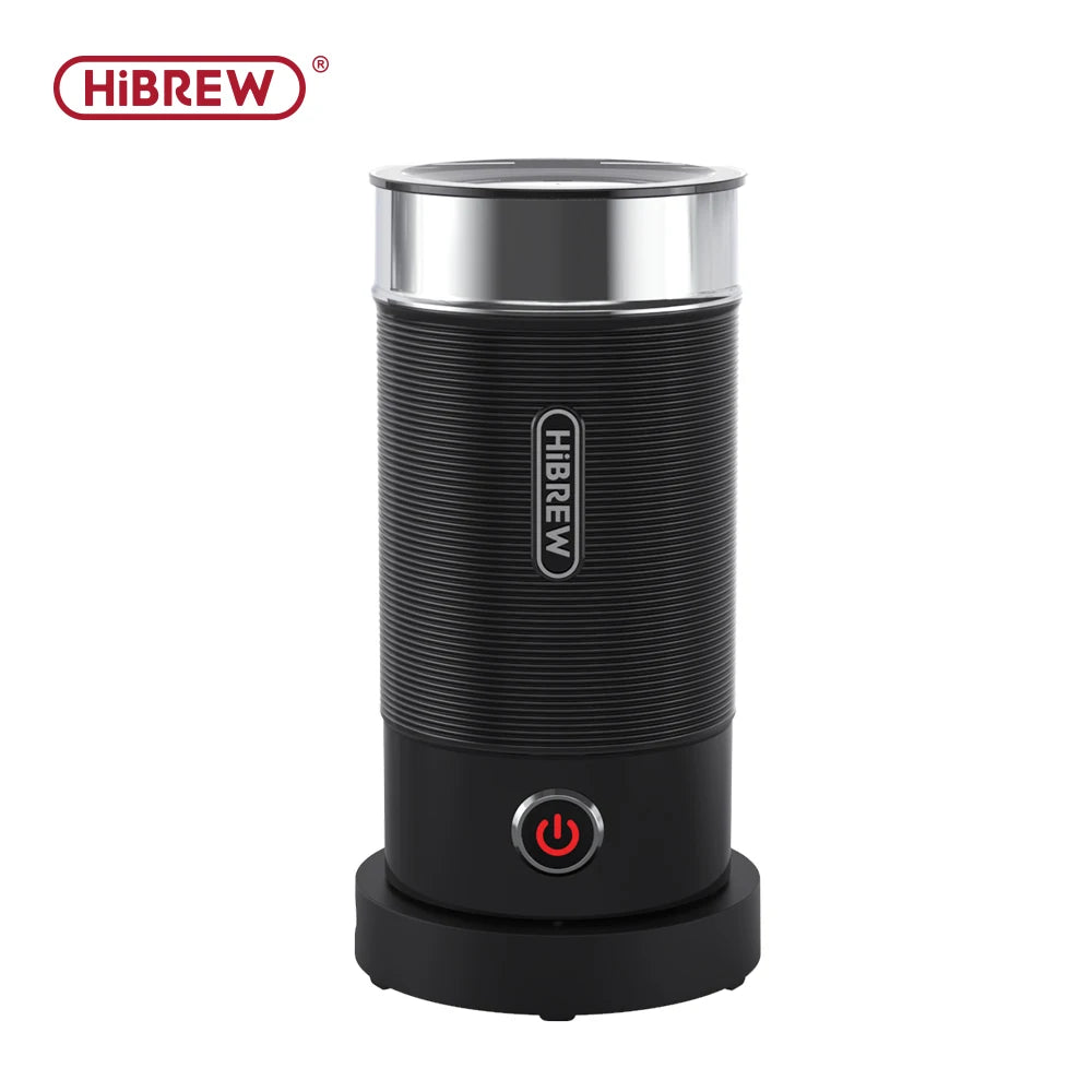 HiBREW black electric milk frother with stainless steel rim, ribbed texture, and one-touch power button on base.