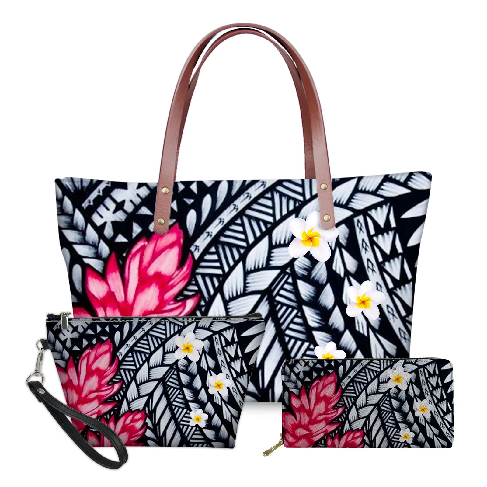 3-piece handbag set with black and white Polynesian tribal patterns, pink floral accents, and brown leather straps.