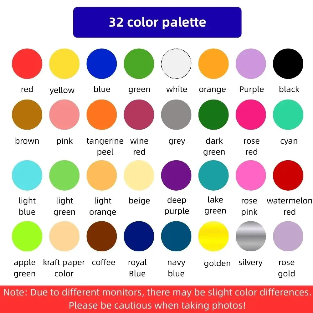 Sticker color palette chart showing 32 printable color options