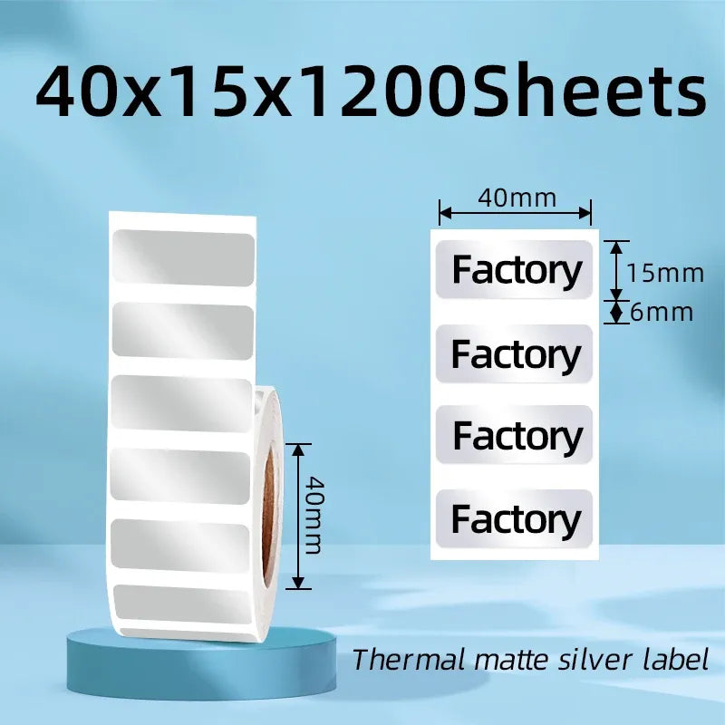 40x15mm thermal matte silver label sheets on a roll holder