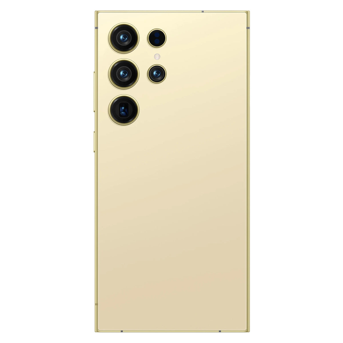 Gold titanium smartphone back with quad rear camera lenses.