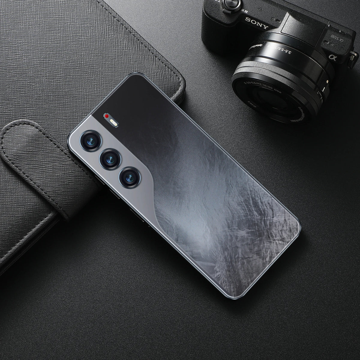 Black smartphone back with triple camera module and chrome edges on dark case