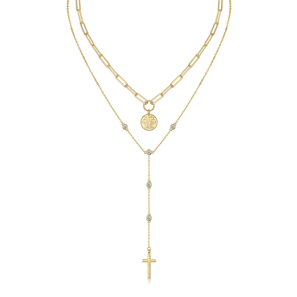 Factory Price Vintage Coin Cross Moissanite Layered Necklace, D Color VVS1 Bezel Set Design, Romantic Statement Necklaces