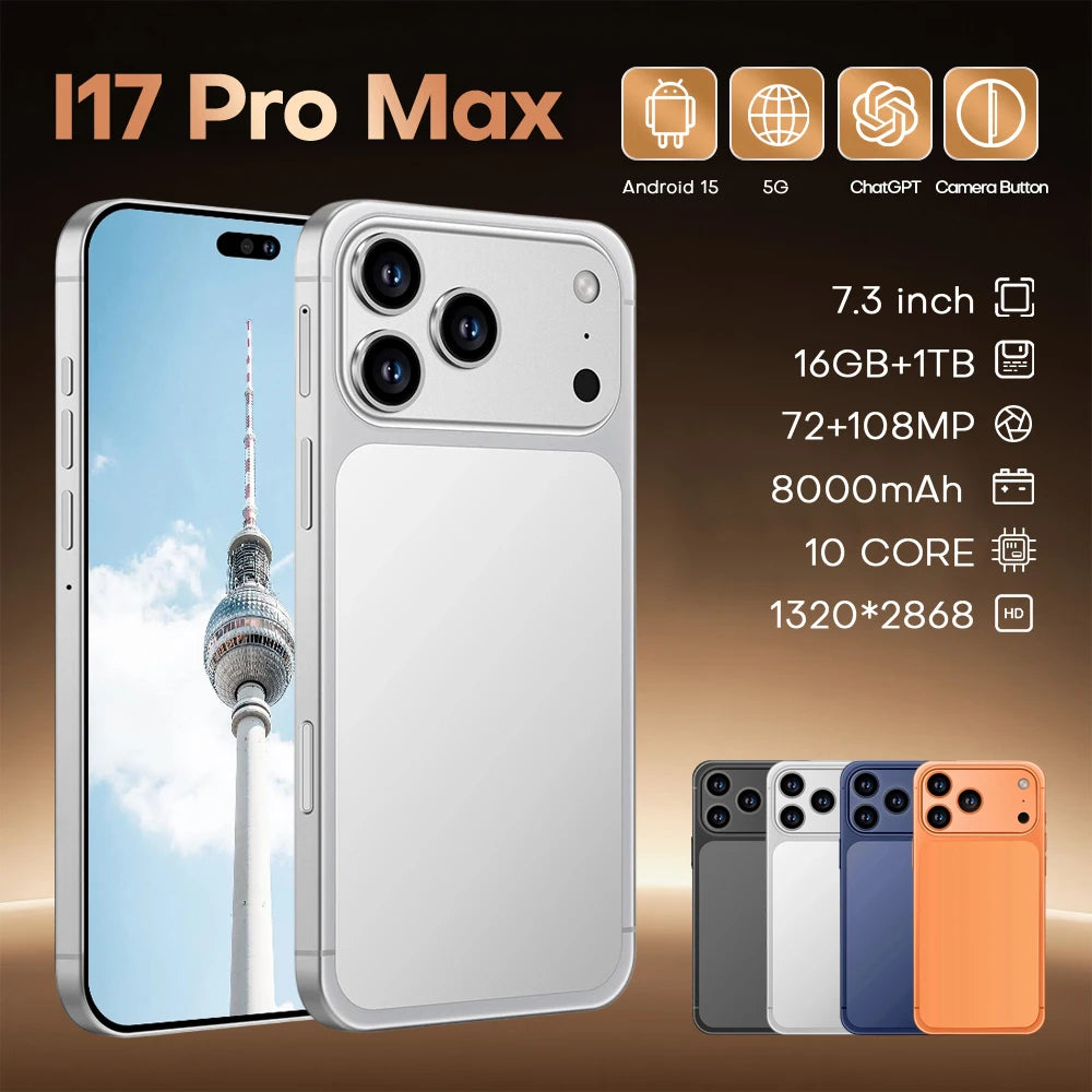 I17 Pro Max 5G Smartphone, 7.3 Inch HD, 16GB RAM, 1TB Storage Silver 16g 1TB Tidesmit