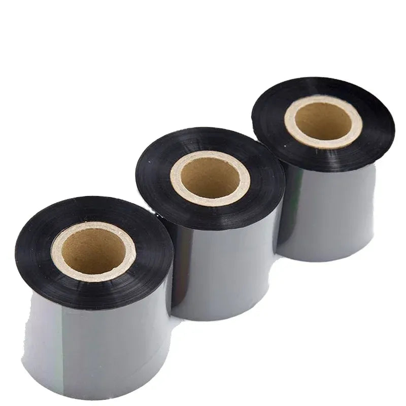 Black resin thermal transfer ribbon on three rolls with exposed core openings