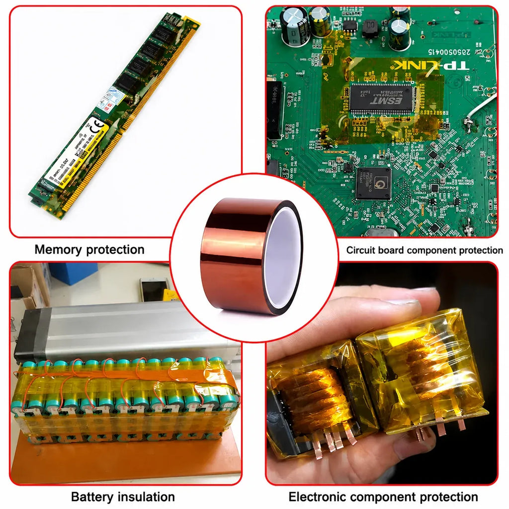 Amber polyimide tape roll with attached strip, shown for electronics insulation