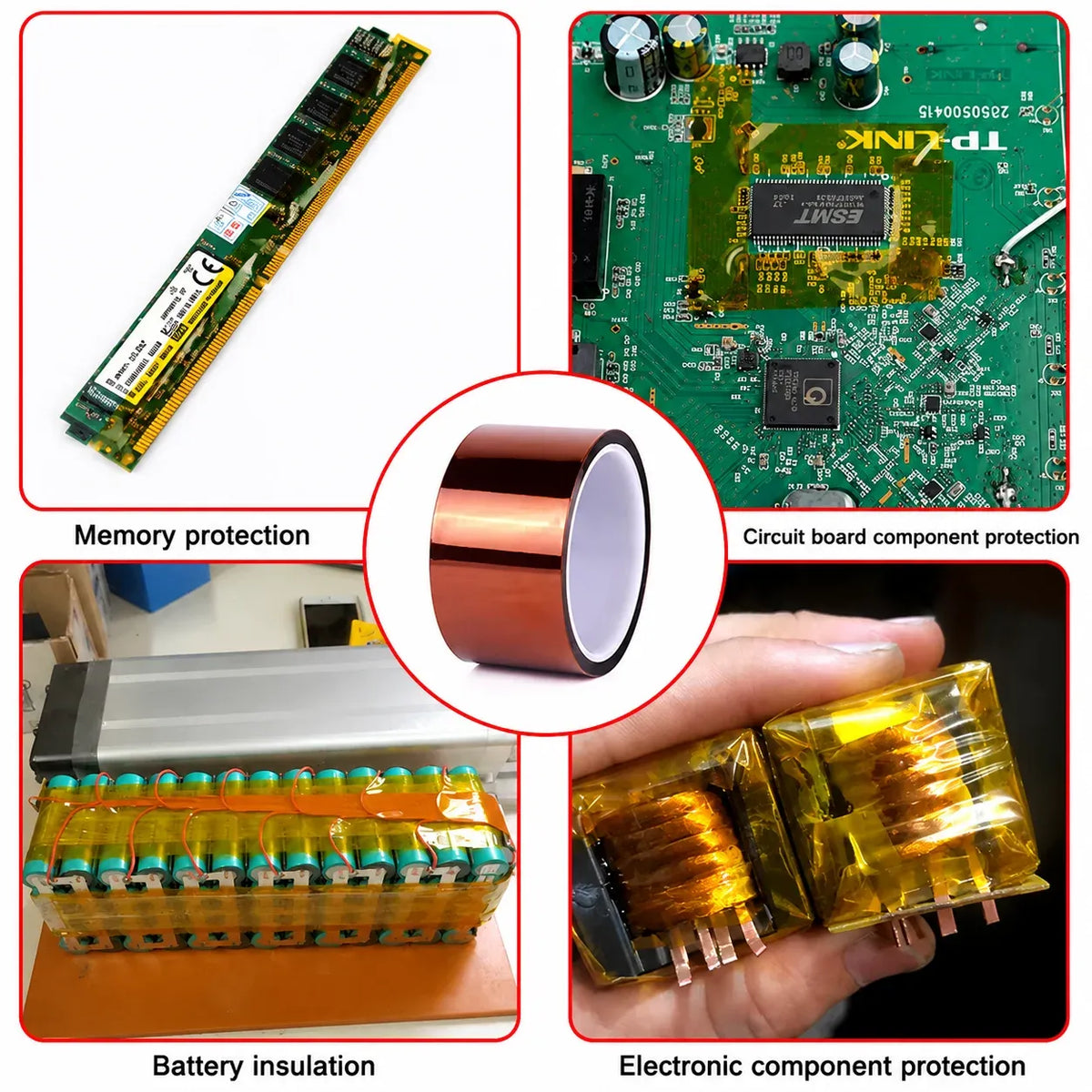 Amber polyimide tape roll with attached strip, shown for electronics insulation