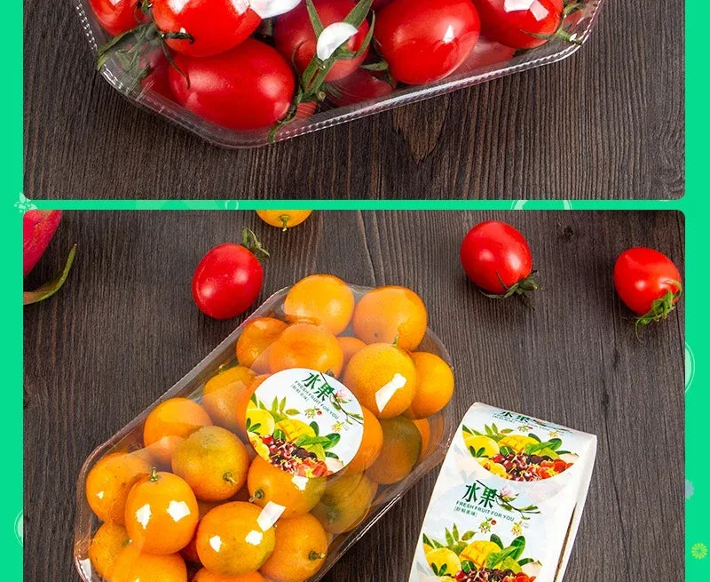Adhesive label sticker roll with fruit and vegetable printed circular labels on tape