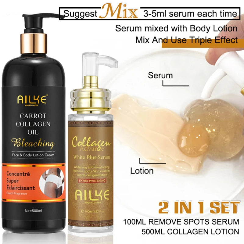 Serum and lotion set: black bottle with gold pump plus gold-capped serum bottle