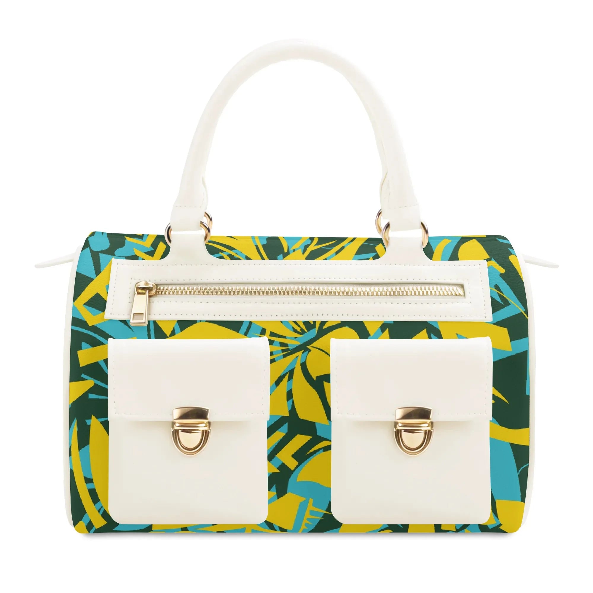 White PU leather designer tote with yellow and blue leaf pattern, dual front pockets, and gold zipper detail.