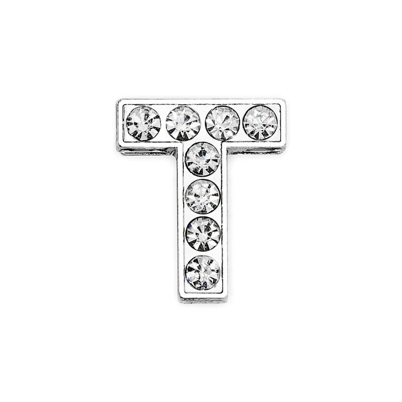 Silver rhinestone letter T slide charm for 8mm DIY pet collars, perfect for custom personalized dog and cat name tags.