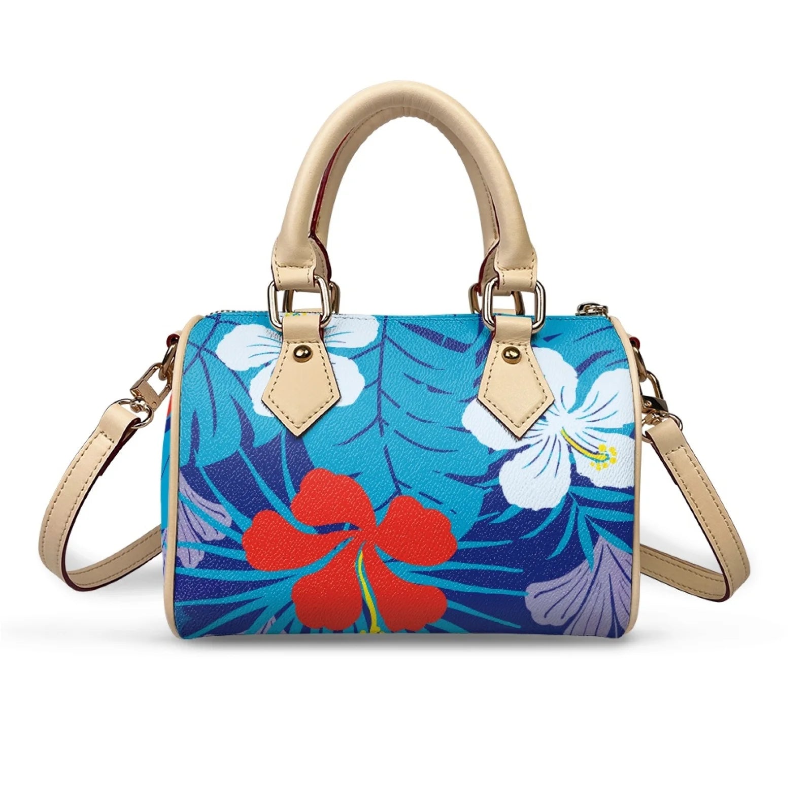 Blue tropical floral print waterproof PU leather trunk handbag with beige handles and removable cross-body strap.