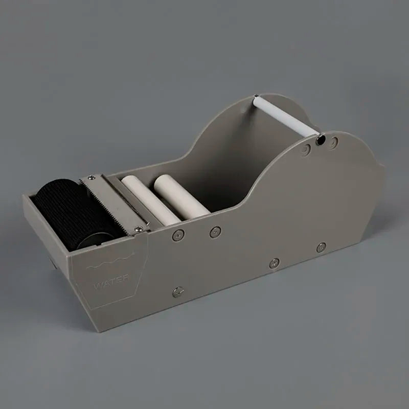 Gray handheld tape dispenser with built-in blade, rollers, and adhesive tape cartridge