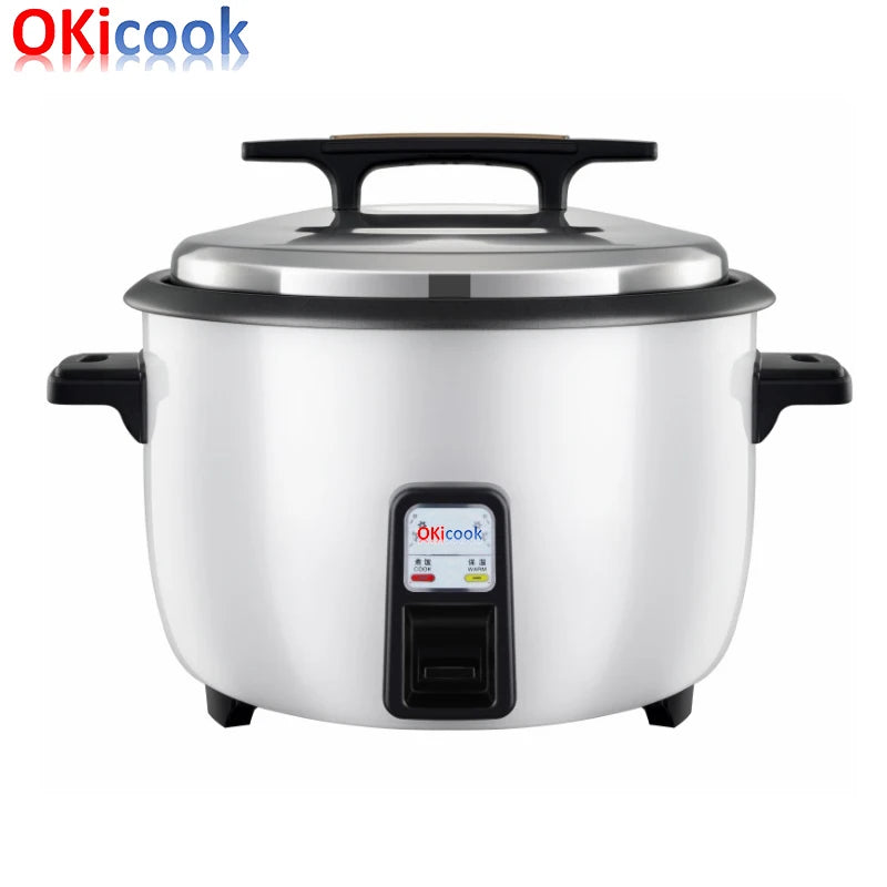 OkiCook commercial rice cooker with black handle lid and front control panel