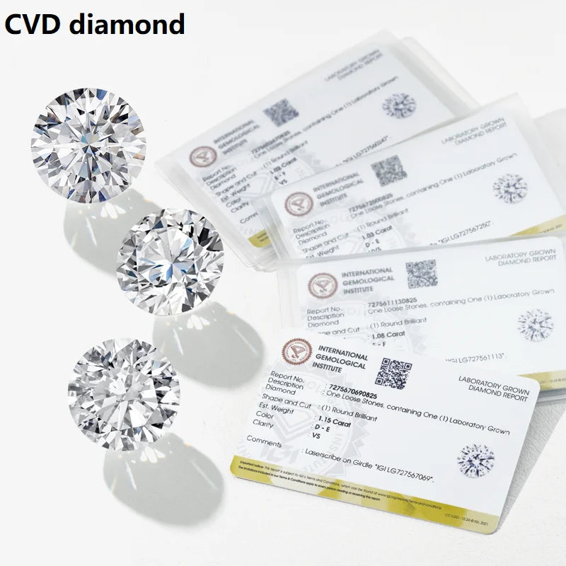 Set of three round lab-grown diamonds with certification documents, bright white