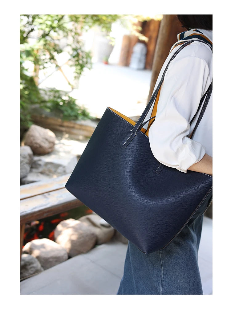 Women Luxury Genuine Leather Tote Soft Cowhide Handbag Two Sides Available Using Shoulder Bags Versatile And Durable