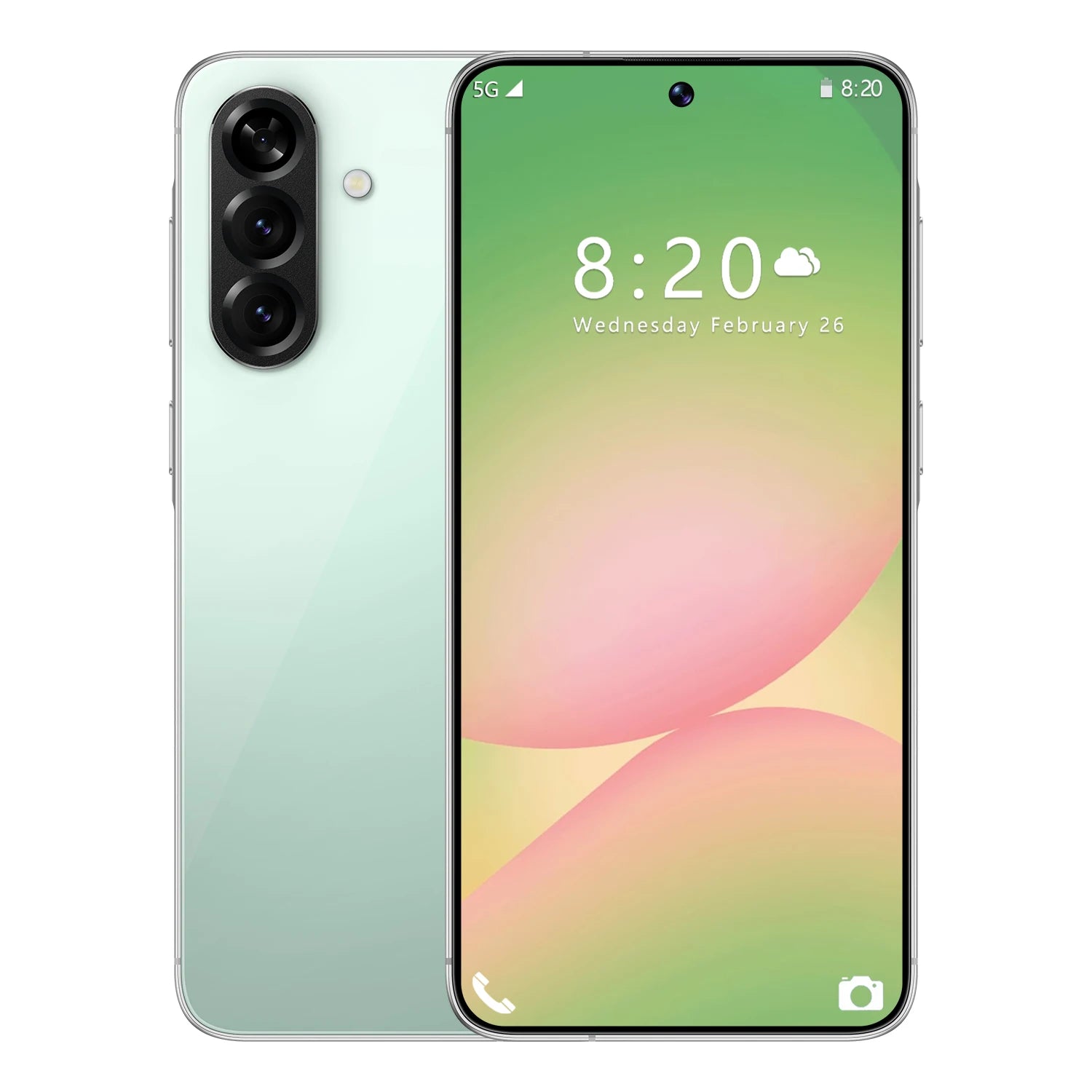 Green smartphone with triple rear cameras and front display, showing 8:20 time on screen.