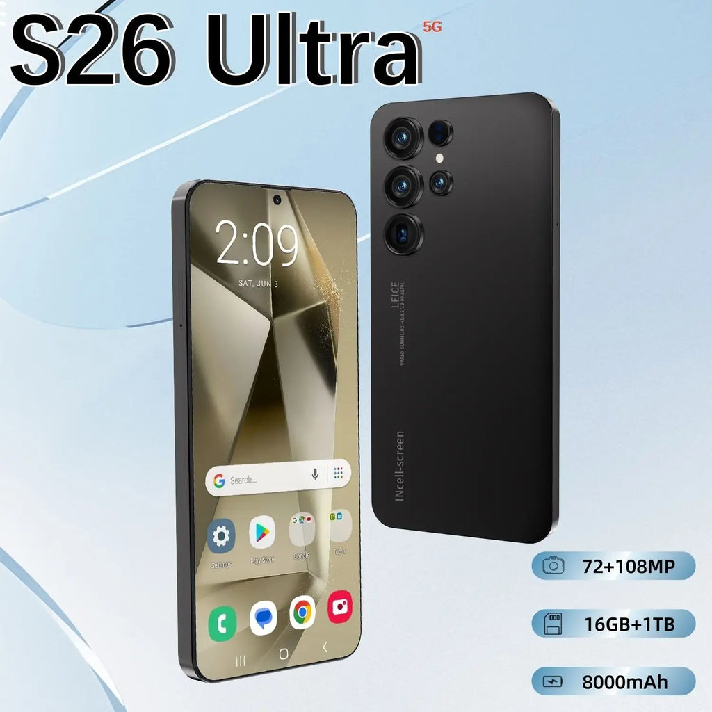 S26 Ultra Android 15 gaming smartphone with 16GB RAM 1TB storage 7.3 inch HD screen and 108MP camera, silver