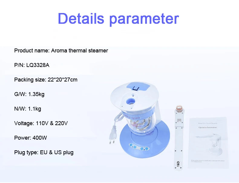 Aroma thermal facial steamer with white and light blue plastic base, detachable nozzle extension, and user manual.