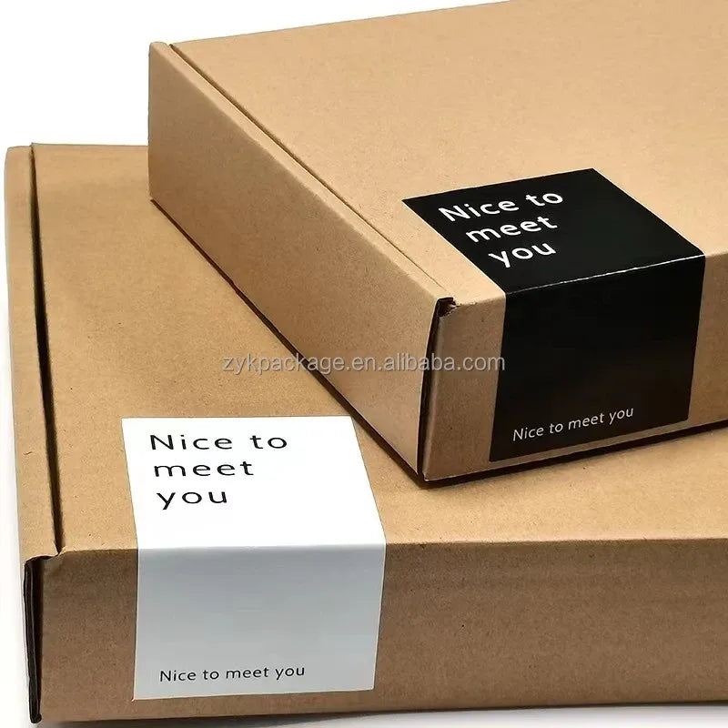 “Nice to meet you” packaging label sticker on a brown cardboard box.