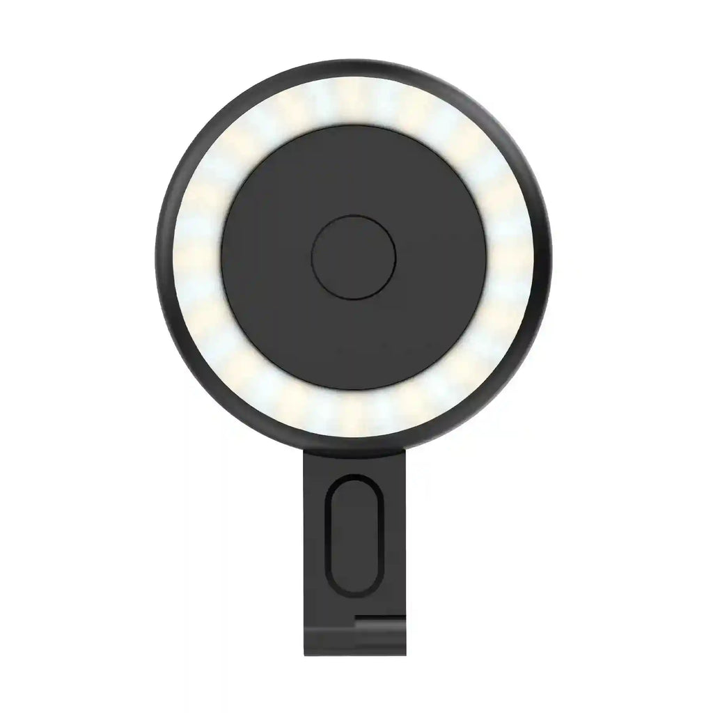 Black circular clip-on LED selfie light with a central matte finish and a mounting bracket for mobile devices.