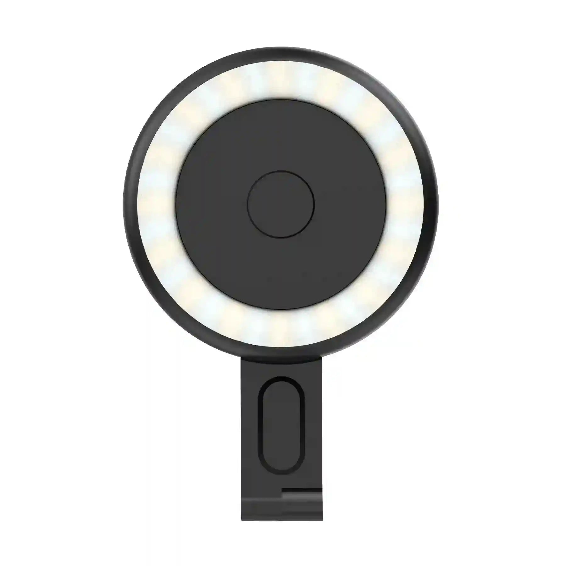 Black circular clip-on LED selfie light with a central matte finish and a mounting bracket for mobile devices.