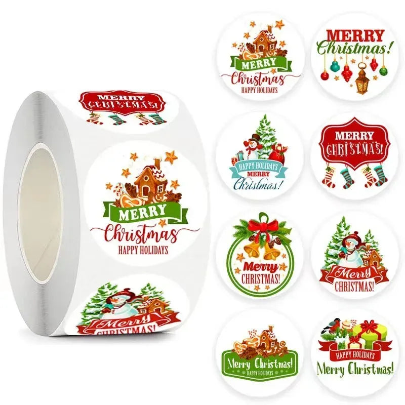 Round Merry Christmas sticker roll and assorted holiday circle labels in red and green