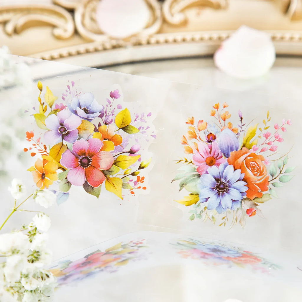 Two flower bouquet masking tape designs, pastel blooms printed on clear tape strip
