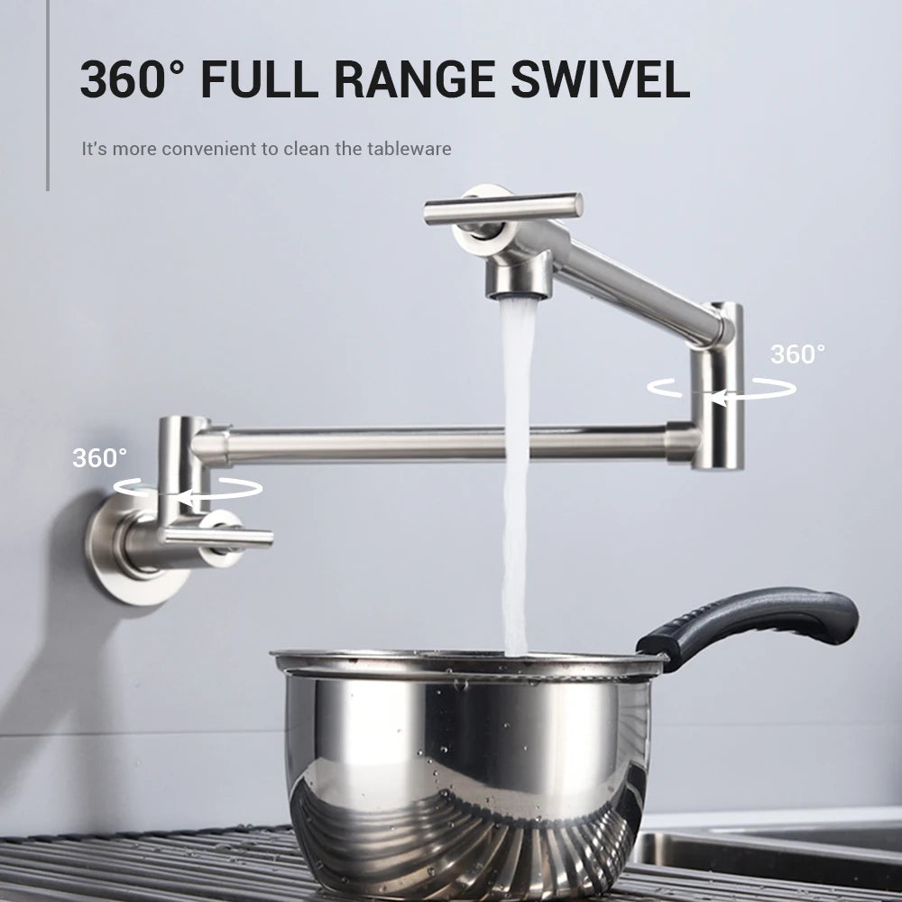Brass Pot Filler Tap Wall Mounted Kitchen Sink Faucet Black Single Cold Taps Single Hole faucets 360 Rotate Folding Spout spigot