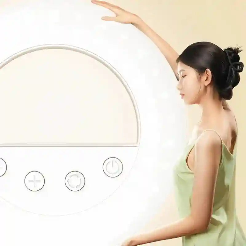 Large white circular vanity mirror with integrated touch-control buttons for makeup application and lighting.