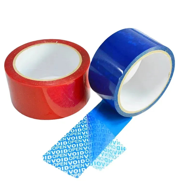 Blue tamper-evident security seal tape on a roll with VOID pattern strip