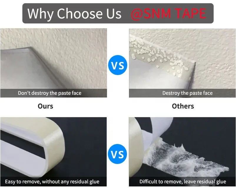 White double-sided foam tape shown in a two-panel comparison graphic