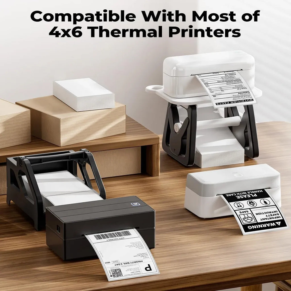 Desktop thermal label printer with white label roll and printed sample labels